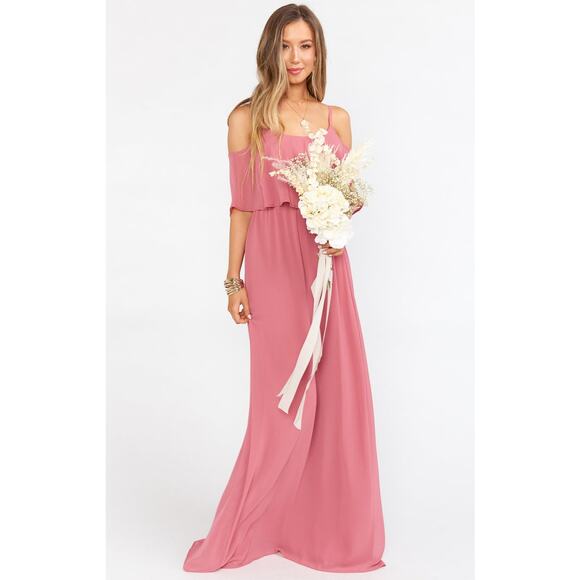 Show Me Your Mumu Caitlin Ruffle Maxi Dress in Sunset Rose Chiffon S - Picture 1 of 8
